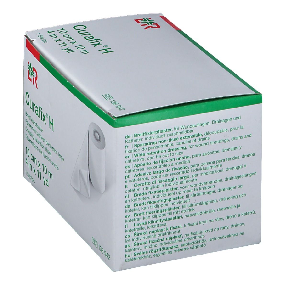 Boîte Curafix® H, 10 cm x 10 m. Texte multilingue, rouleau visible, emballage vert et blanc.