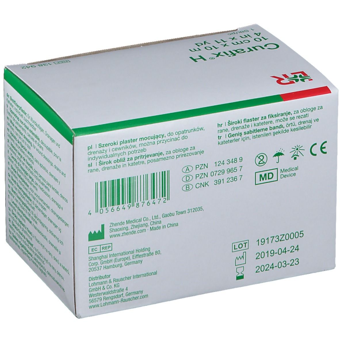 Dos de la boîte Curafix® H. Informations, numéro de lot, fabricant, marquage CE.