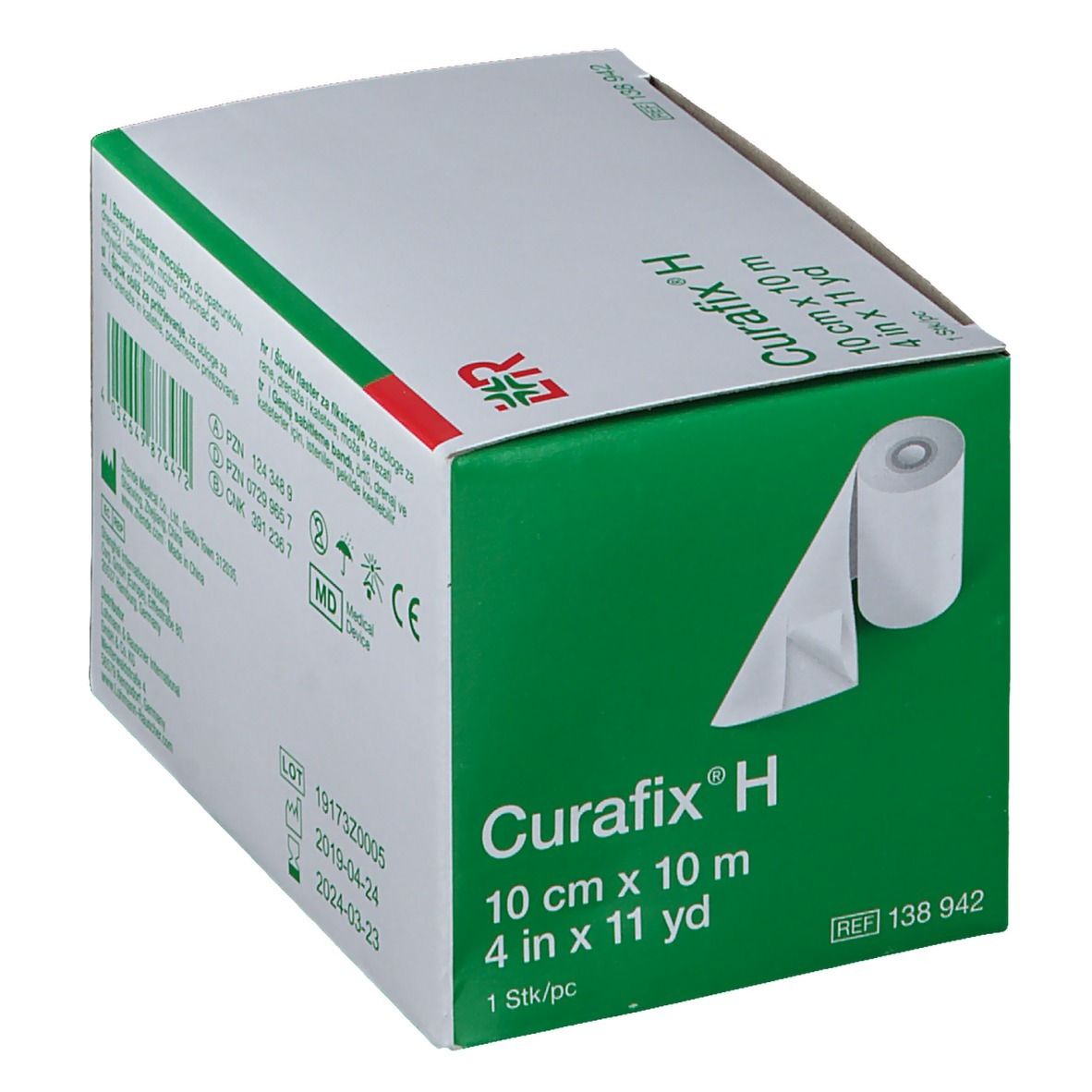 Boîte Curafix® H, 10 cm x 10 m. Emballage vert et blanc avec nom du produit et rouleau visible.