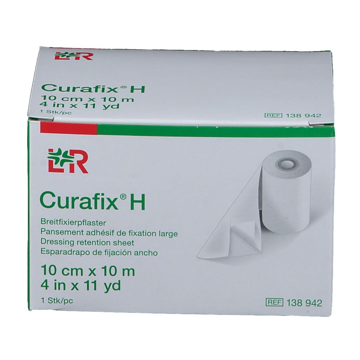 Boîte Curafix® H, 10 cm x 10 m. Emballage vert et blanc avec nom du produit et rouleau visible.