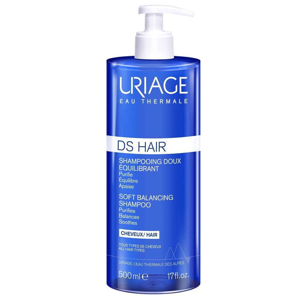 Flacon bleu avec pompe blanche. Inscription: URIAGE, DS HAIR, Soft Balancing Shampoo. 500ml.