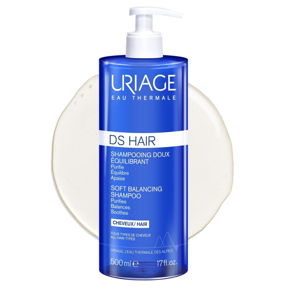 Flacon bleu avec pompe blanche. Inscription: URIAGE, DS HAIR, Soft Balancing Shampoo. 500ml.