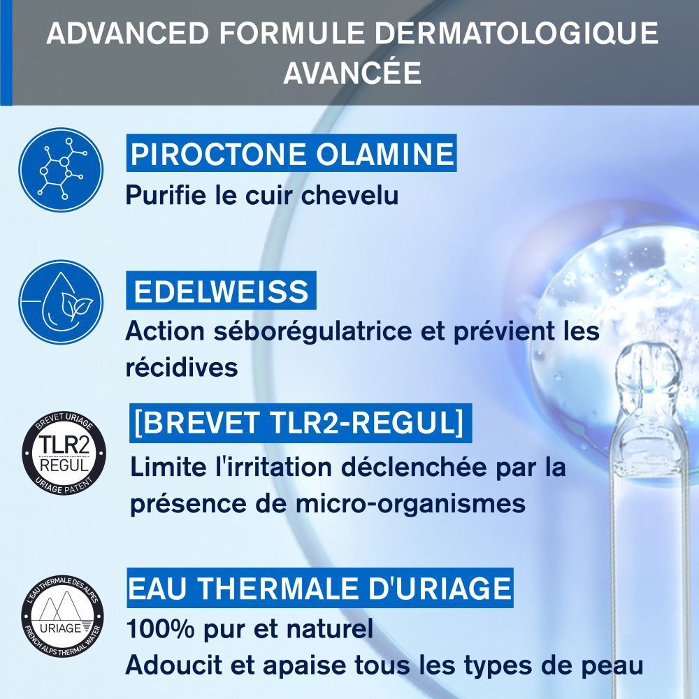 Flacon bleu avec pompe blanche. Inscription: URIAGE, DS HAIR, Soft Balancing Shampoo. 500ml.