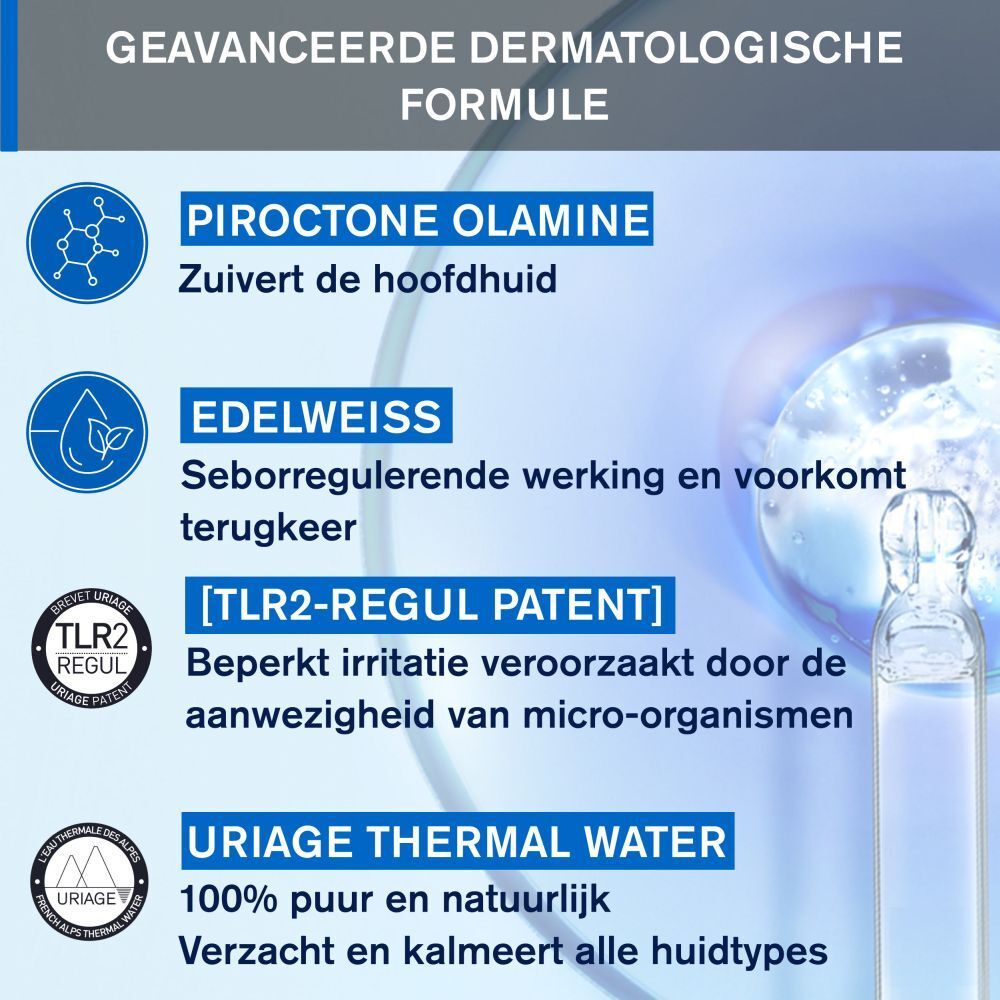 Blauwe fles met witte pomp. Opschrift: URIAGE, DS HAIR, Soft Balancing Shampoo. 500ml.