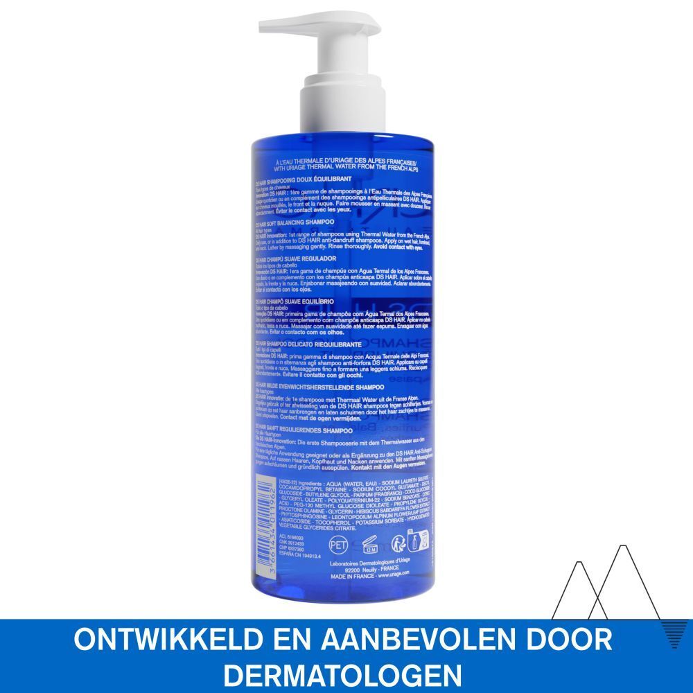 Blauwe fles met witte pomp. Opschrift: URIAGE, DS HAIR, Soft Balancing Shampoo. 500ml.