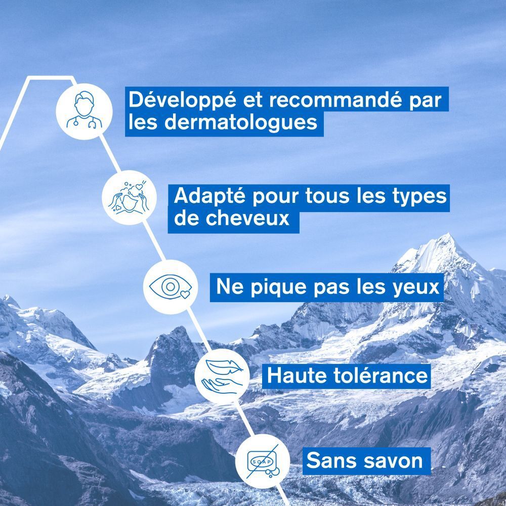 Dos du flacon bleu avec pompe blanche. Texte multilingue. URIAGE, DS HAIR, Soft Balancing Shampoo.