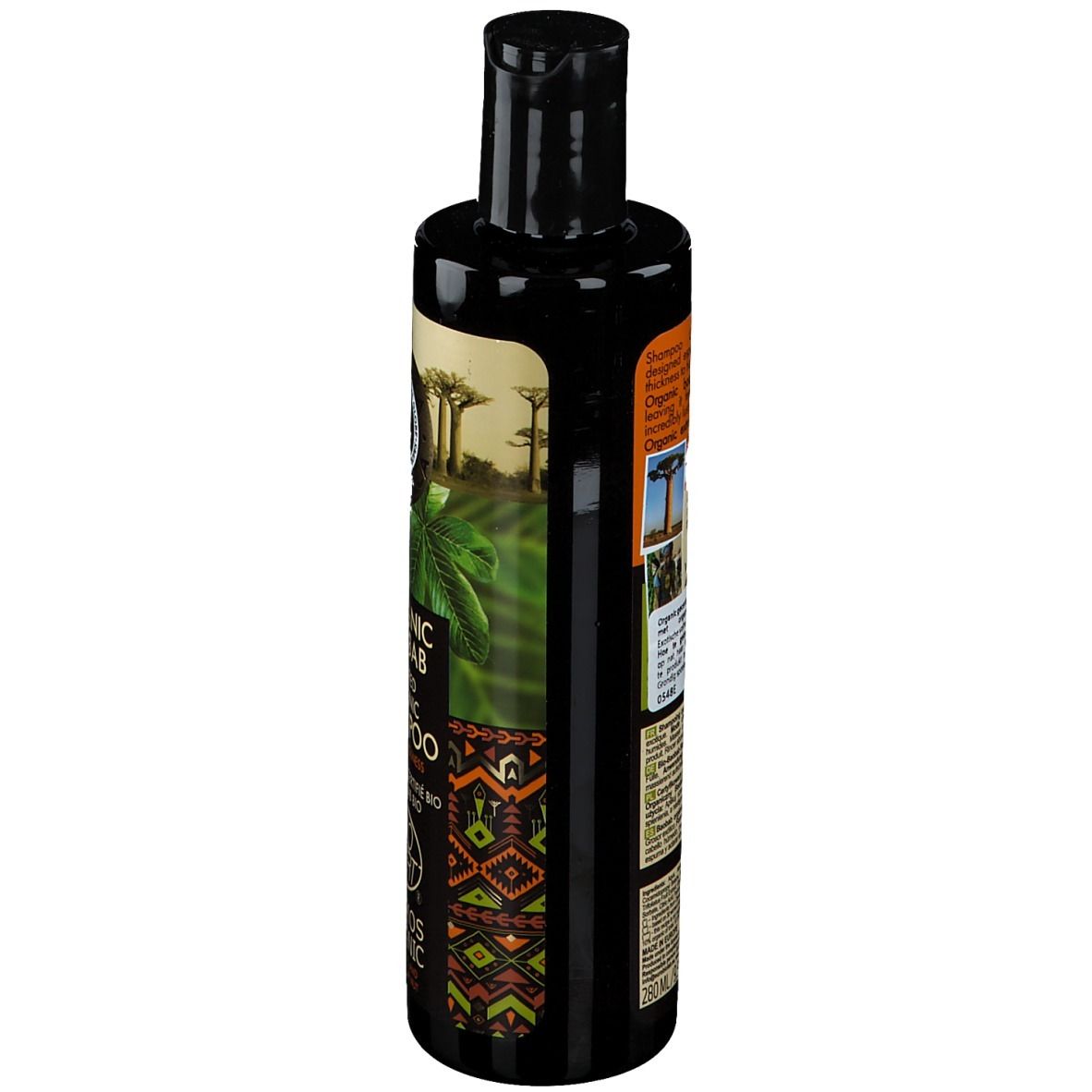 Flacon de shampooing noir, vue latérale. Étiquette avec texte et illustrations. Logo ECO CERT.