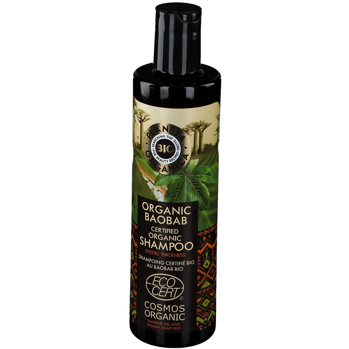 Flacon de shampooing noir avec étiquette. Inscription : PLANETA ORGANICA, ORGANIC BAOBAB, COSMOS ORGANIC, ECO CERT.
