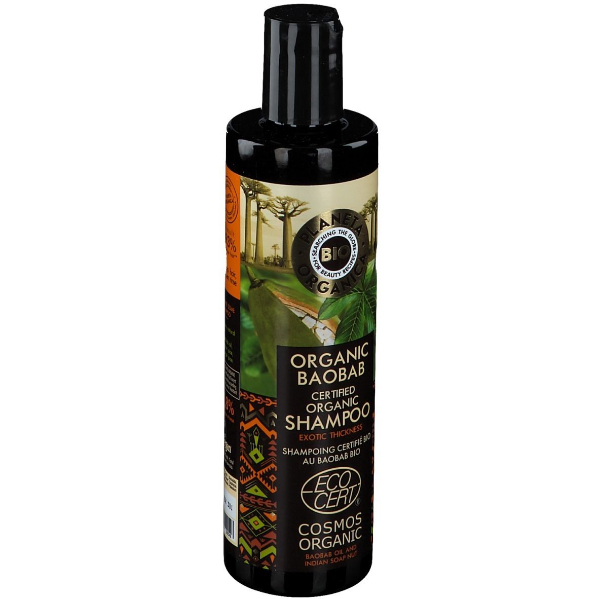 Flacon de shampooing noir avec étiquette. Inscription : PLANETA ORGANICA, ORGANIC BAOBAB, COSMOS ORGANIC, ECO CERT.