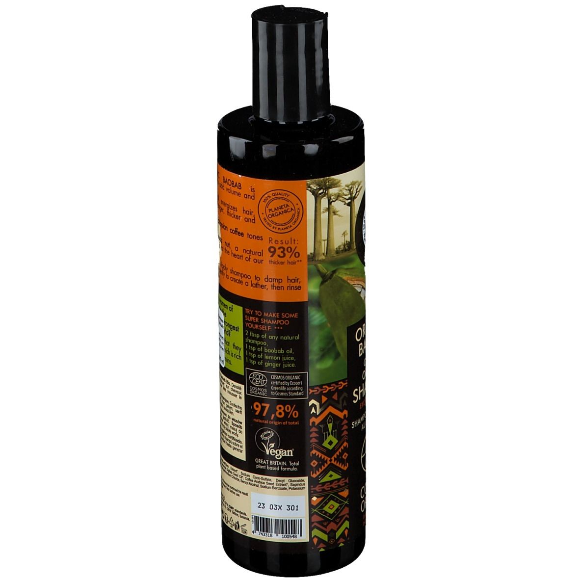 Flacon de shampooing noir, vue arrière. Étiquette avec texte et illustrations. Logo Vegan, 97,8%.