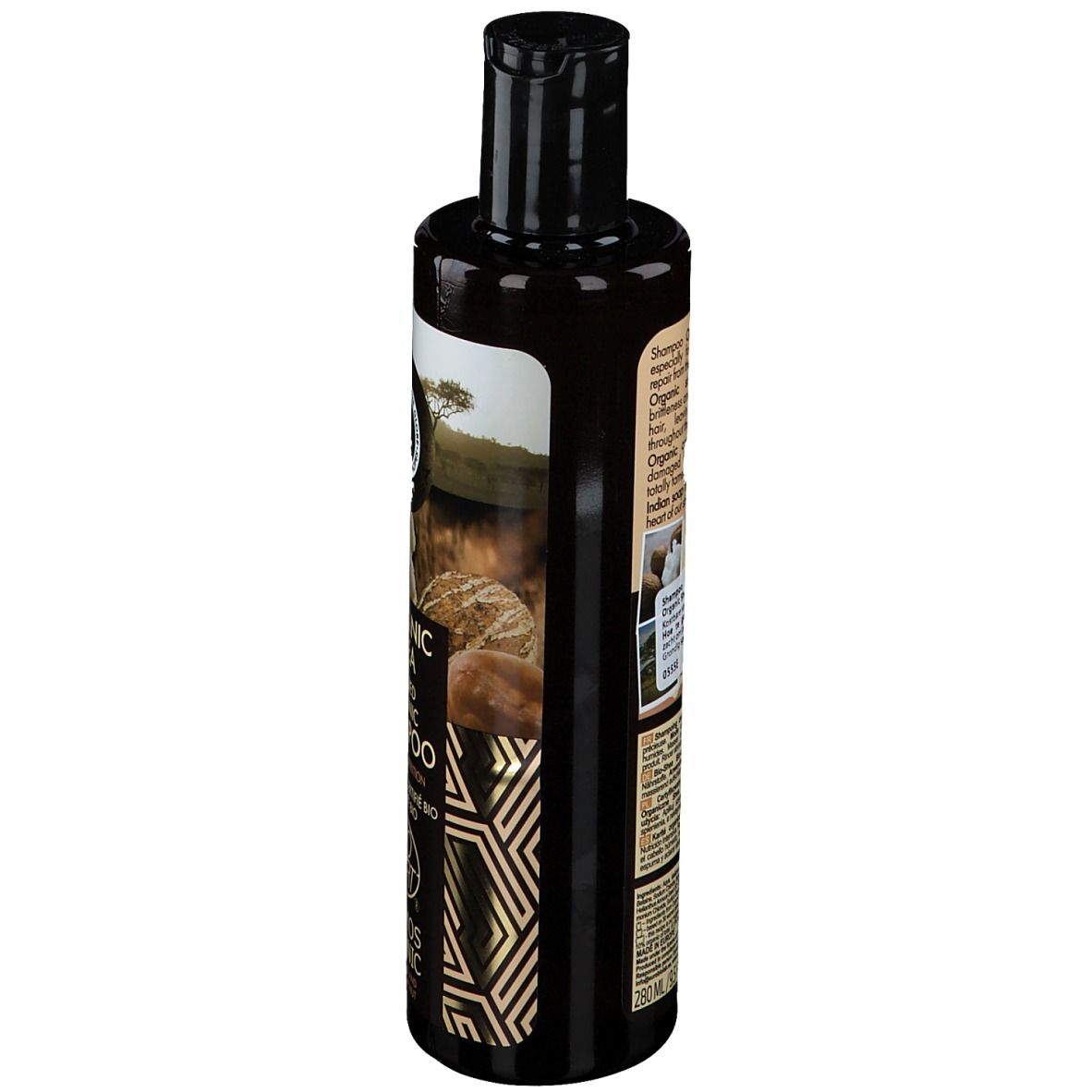 Bruine shampoo fles, zijaanzicht. Tekst: Organic Shea, Eco Cert Cosmos Organic. Zwarte dop.