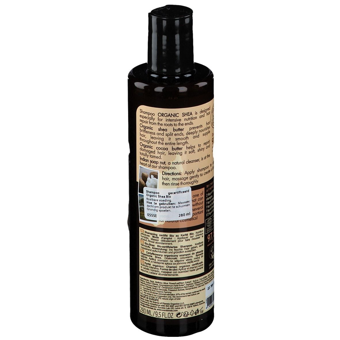 Achterkant van de shampoo fles. Tekst: Organic Shea, gebruiksaanwijzing, ingrediënten. Zwarte dop.
