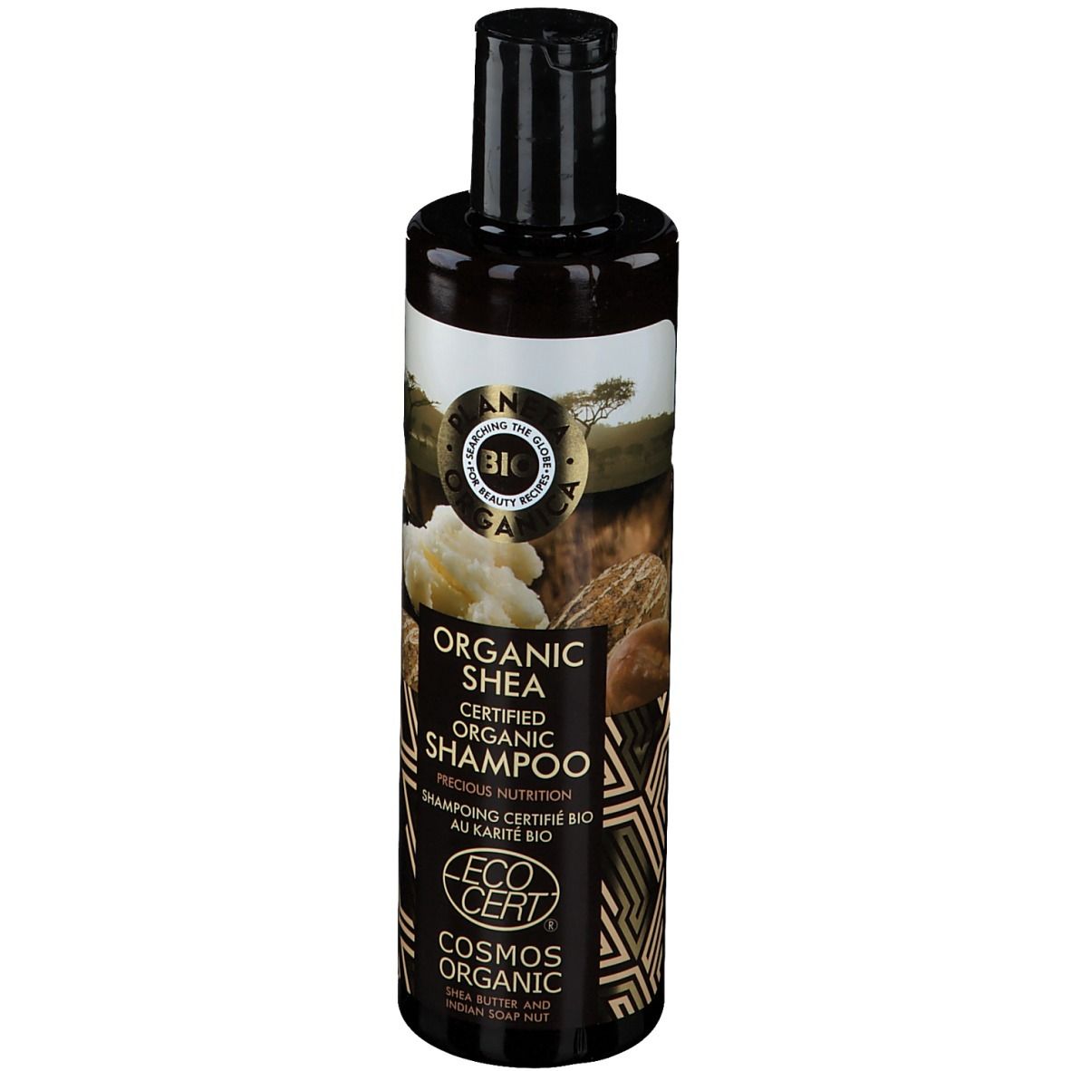 Bruine shampoo fles met zwarte dop. Opschrift: Organic Shea, Eco Cert Cosmos Organic.