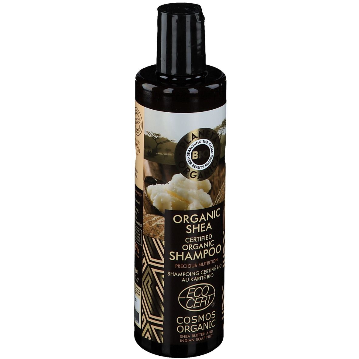Bruine shampoo fles met zwarte dop. Opschrift: Organic Shea, Eco Cert Cosmos Organic.