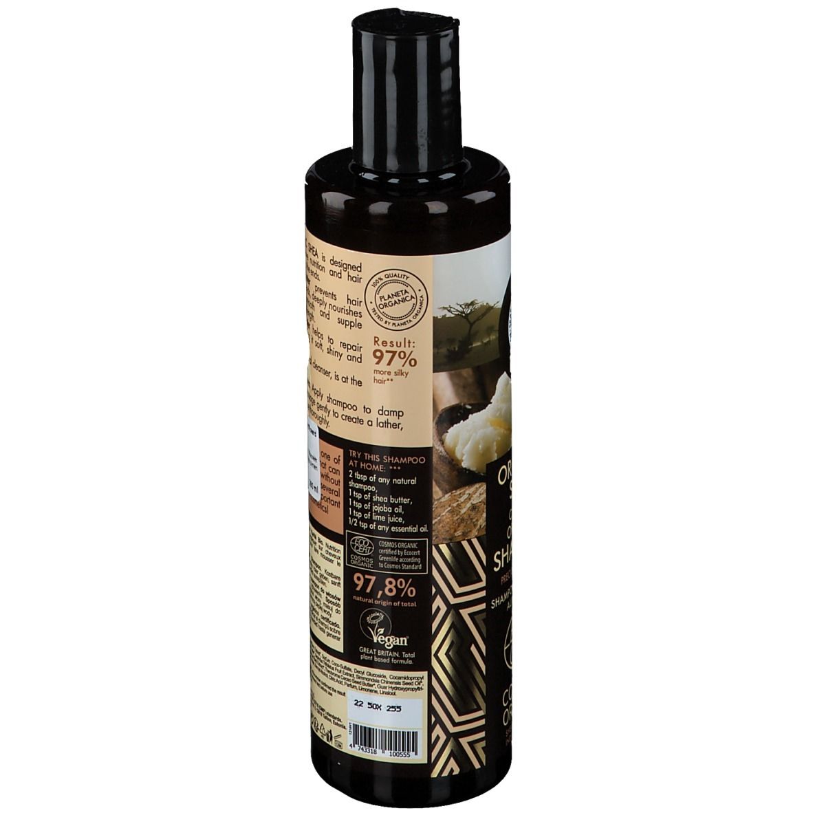 Achterkant van de shampoo fles. Tekst: Organic Shea, Vegan, 97,8%. Zwarte dop.