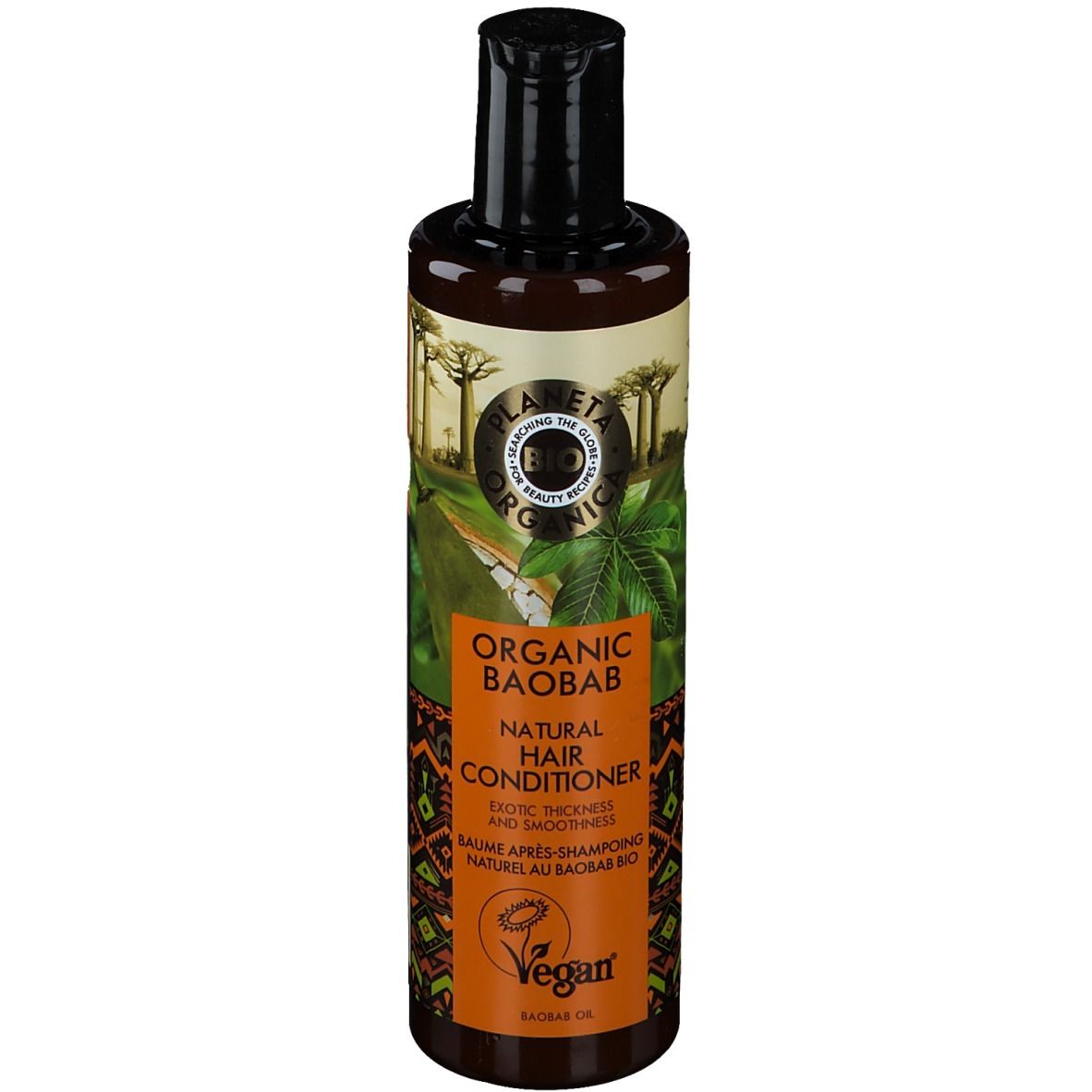 Bouteille marron avec bouchon noir. Inscription : Planeta Organica, Organic Baobab, Natural Hair Conditioner, Vegan.