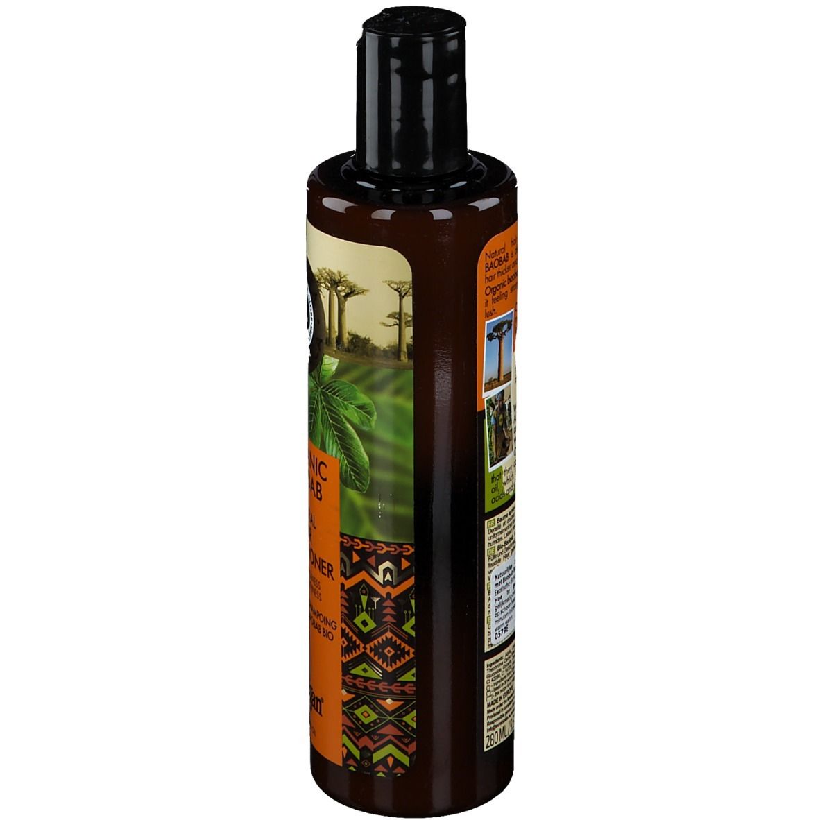 Bouteille marron avec bouchon noir. Inscriptions et étiquettes sur le côté. 250 ml.