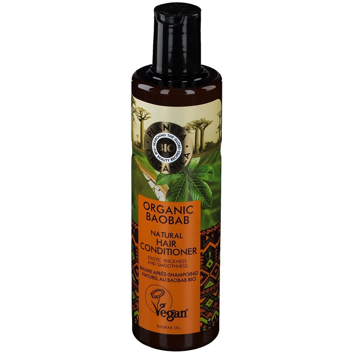 Bouteille marron avec bouchon noir. Inscription : Planeta Organica, Organic Baobab, Natural Hair Conditioner, Vegan.