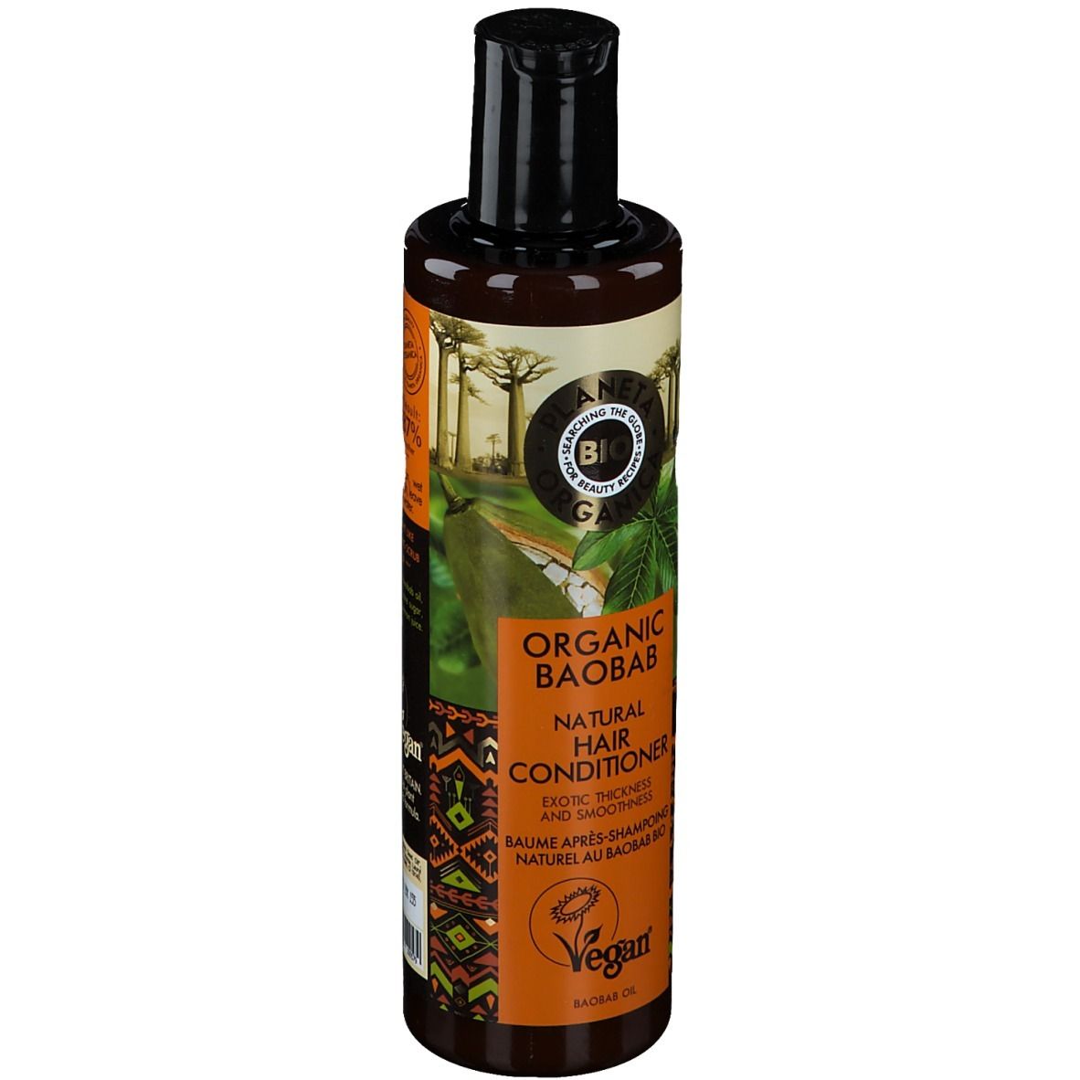 Bouteille marron avec bouchon noir. Inscription : Planeta Organica, Organic Baobab, Natural Hair Conditioner, Vegan.