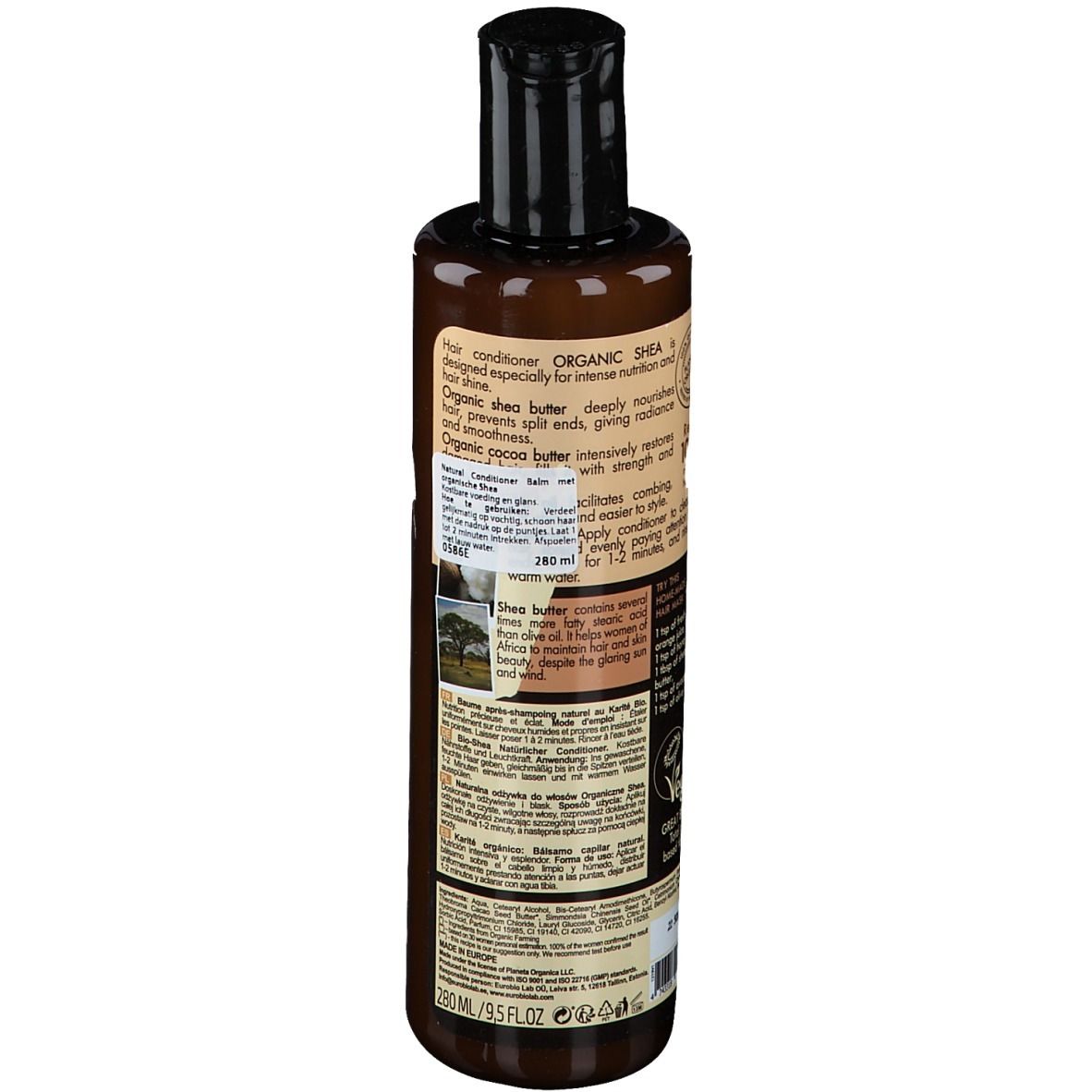 Braune Flasche, Seitenansicht. Etikett mit Text, Inhaltsstoffen und Vegan-Siegel. Schwarzer Deckel.