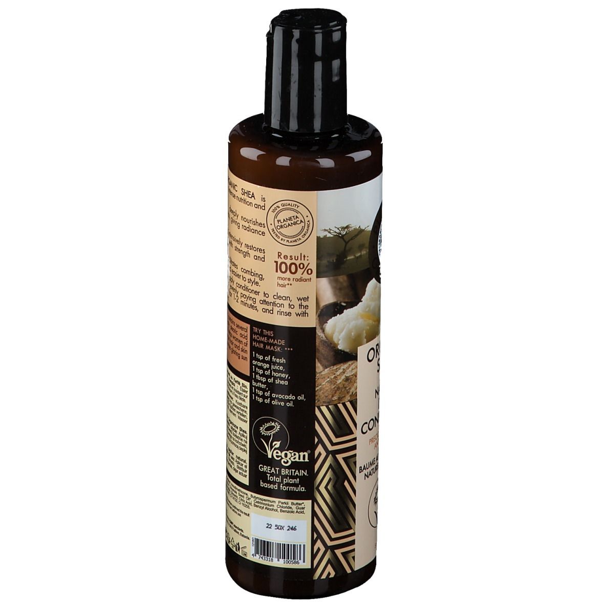 Braune Flasche, Seitenansicht. Etikett mit Text, Inhaltsstoffen und Vegan-Siegel. Schwarzer Deckel.