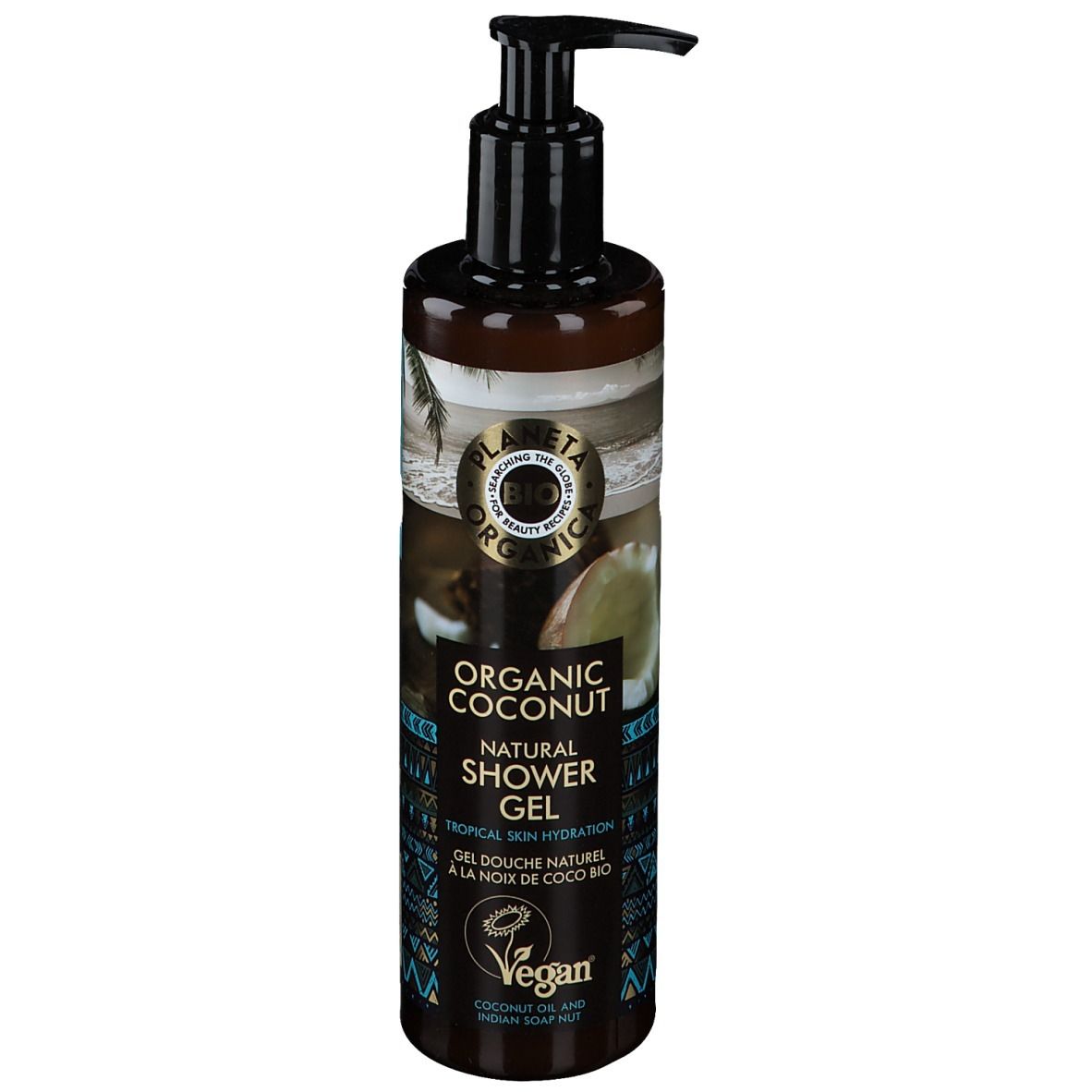 Braune Flasche mit schwarzem Spender. Aufschrift: Organic Coconut Natural Shower Gel. Vegan-Siegel.