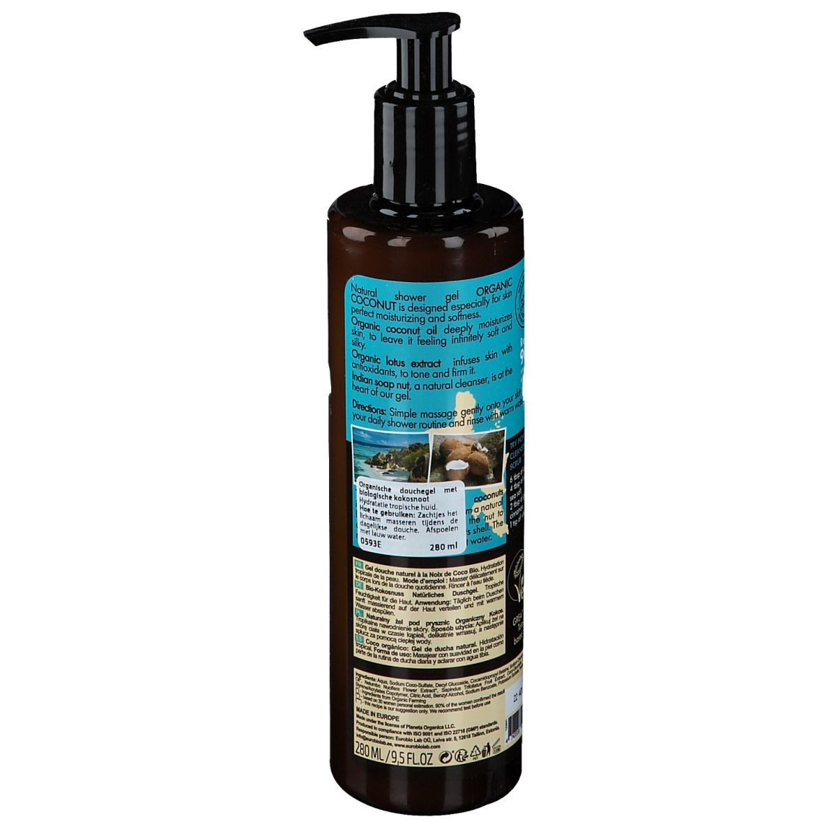 Rückseite der braunen Flasche mit schwarzem Spender. Text über Inhaltsstoffe und Anwendung. 250 ml.