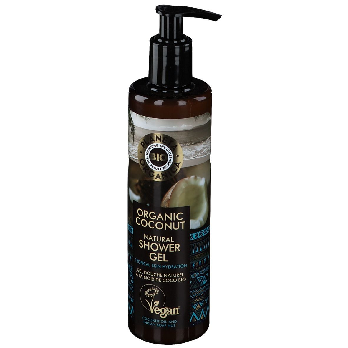 Braune Flasche mit schwarzem Spender. Aufschrift: Organic Coconut Natural Shower Gel. Vegan-Siegel.