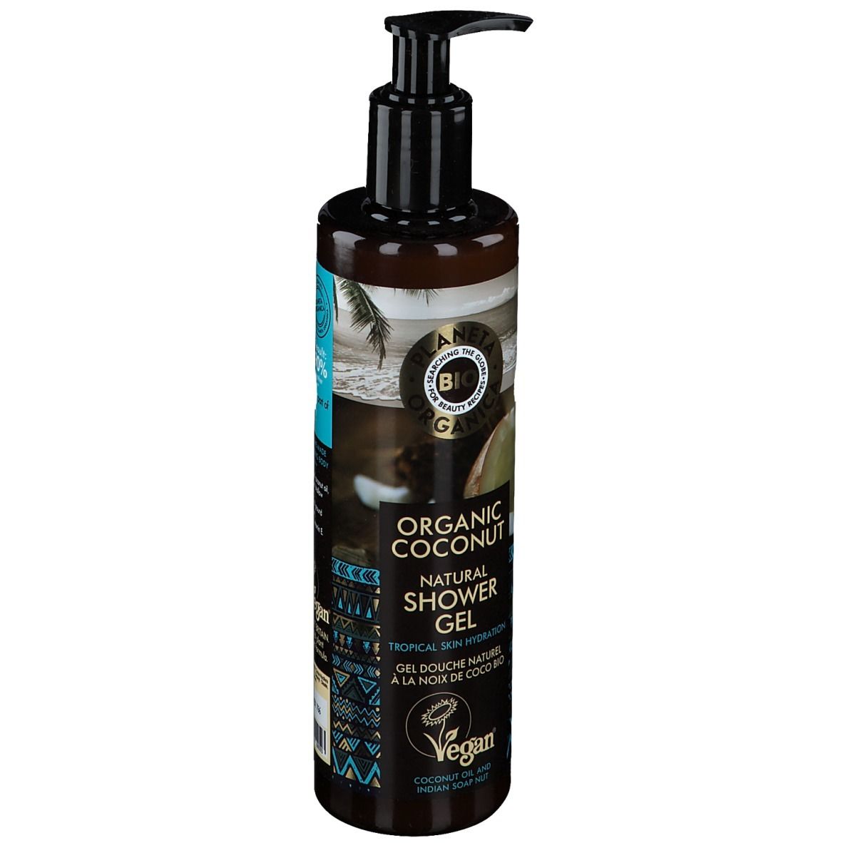 Braune Flasche mit schwarzem Spender. Aufschrift: Organic Coconut Natural Shower Gel. Vegan-Siegel.