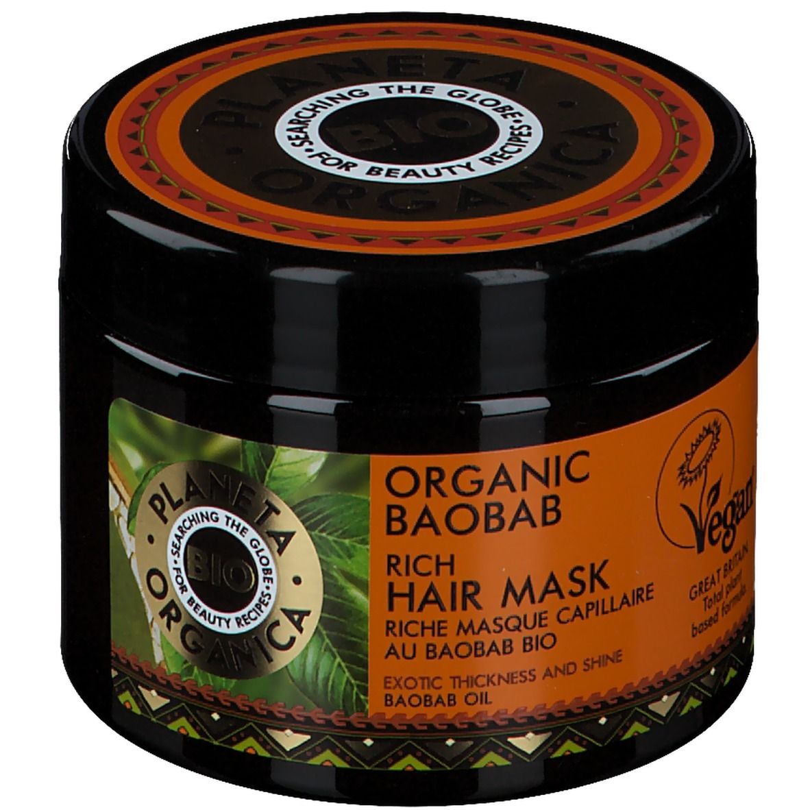 Pot noir avec étiquette orange. Inscription: Planeta Organica Bio, Organic Baobab Rich Hair Mask. Label Vegan.