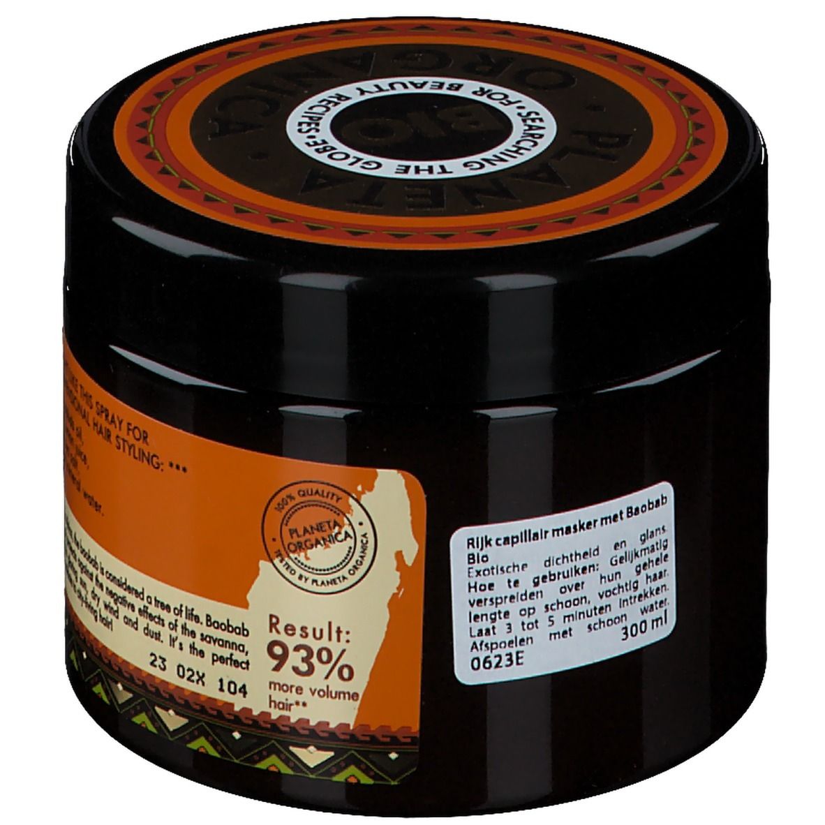Pot noir avec étiquette orange. Texte: 93% plus de volume. Planeta Organica Bio. 300 ml. Label Vegan.