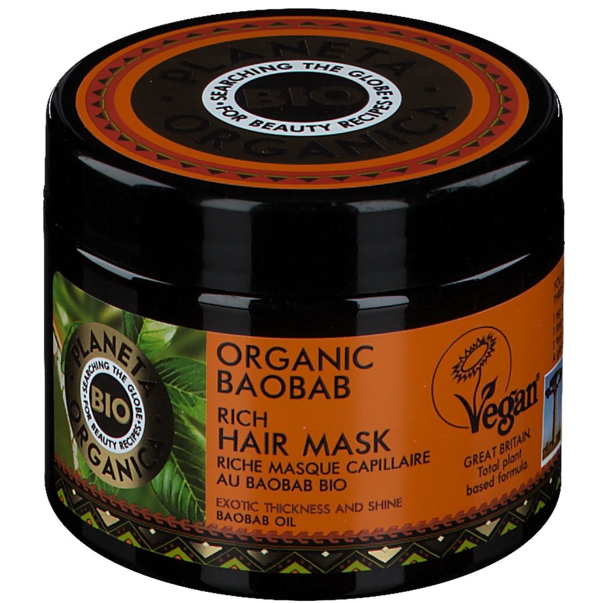 Pot noir avec étiquette orange. Inscription: Planeta Organica Bio, Organic Baobab Rich Hair Mask. Label Vegan.