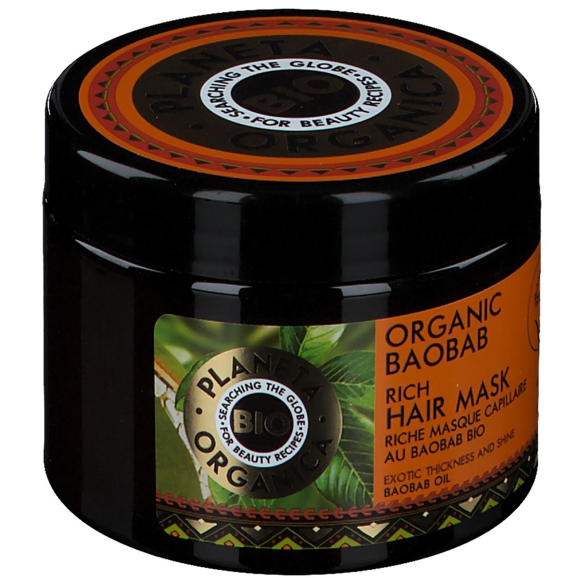 Pot noir avec étiquette orange. Inscription: Planeta Organica Bio, Organic Baobab Rich Hair Mask. Label Vegan.