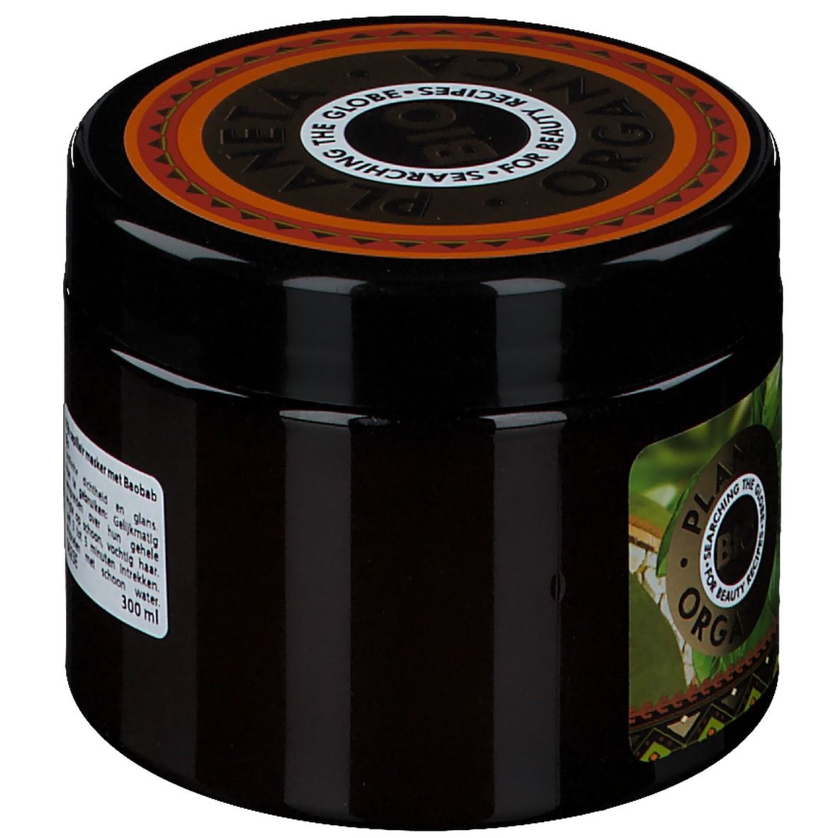 Pot noir avec étiquette orange. Inscription: Planeta Organica Bio. Texte en néerlandais. 300 ml.