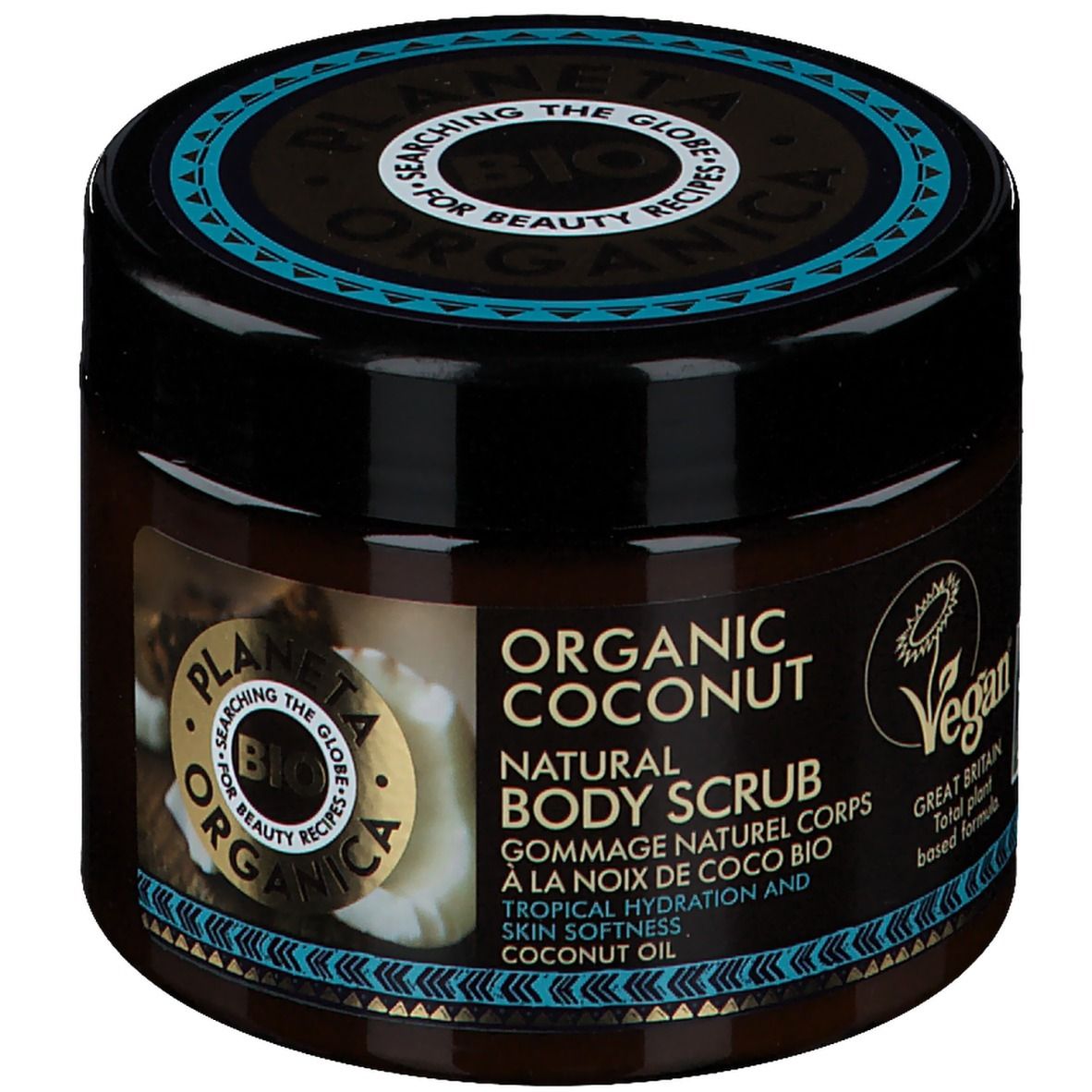 Braune Dose mit schwarzem Deckel. Aufschrift: ORGANIC COCONUT, NATURAL BODY SCRUB, Vegan-Siegel. Kokosnuss-Abbildung.