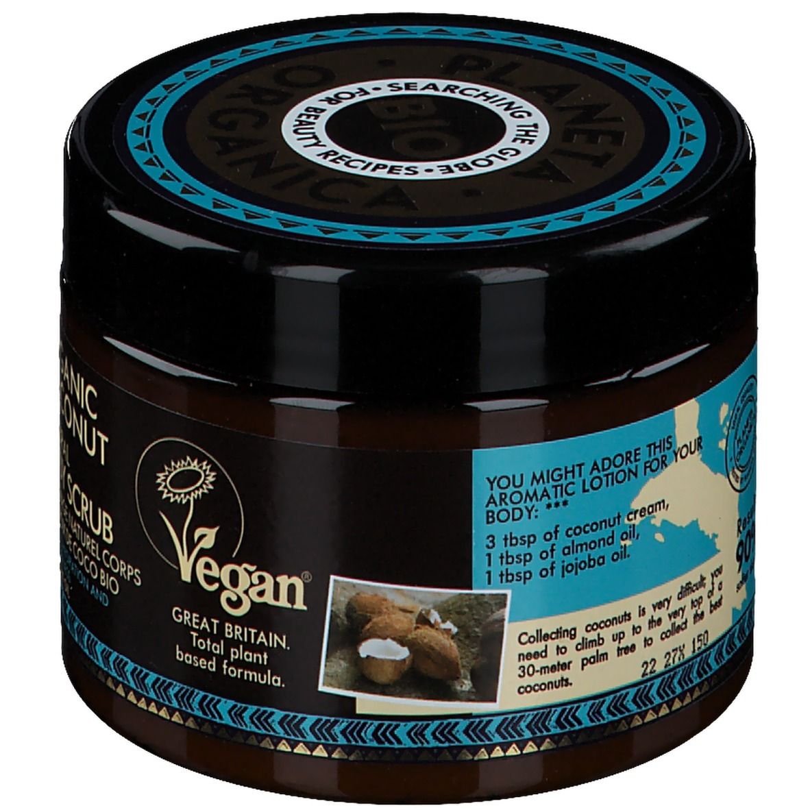 Braune Dose mit schwarzem Deckel. Aufschrift: ORGANIC COCONUT, NATURAL BODY SCRUB, Vegan-Siegel. Text über Lotion.