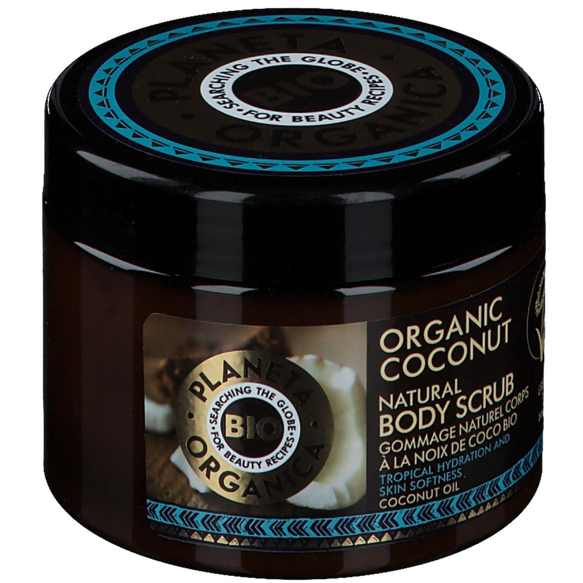 Braune Dose mit schwarzem Deckel. Aufschrift: ORGANIC COCONUT, NATURAL BODY SCRUB, Vegan-Siegel. Kokosnuss-Abbildung.