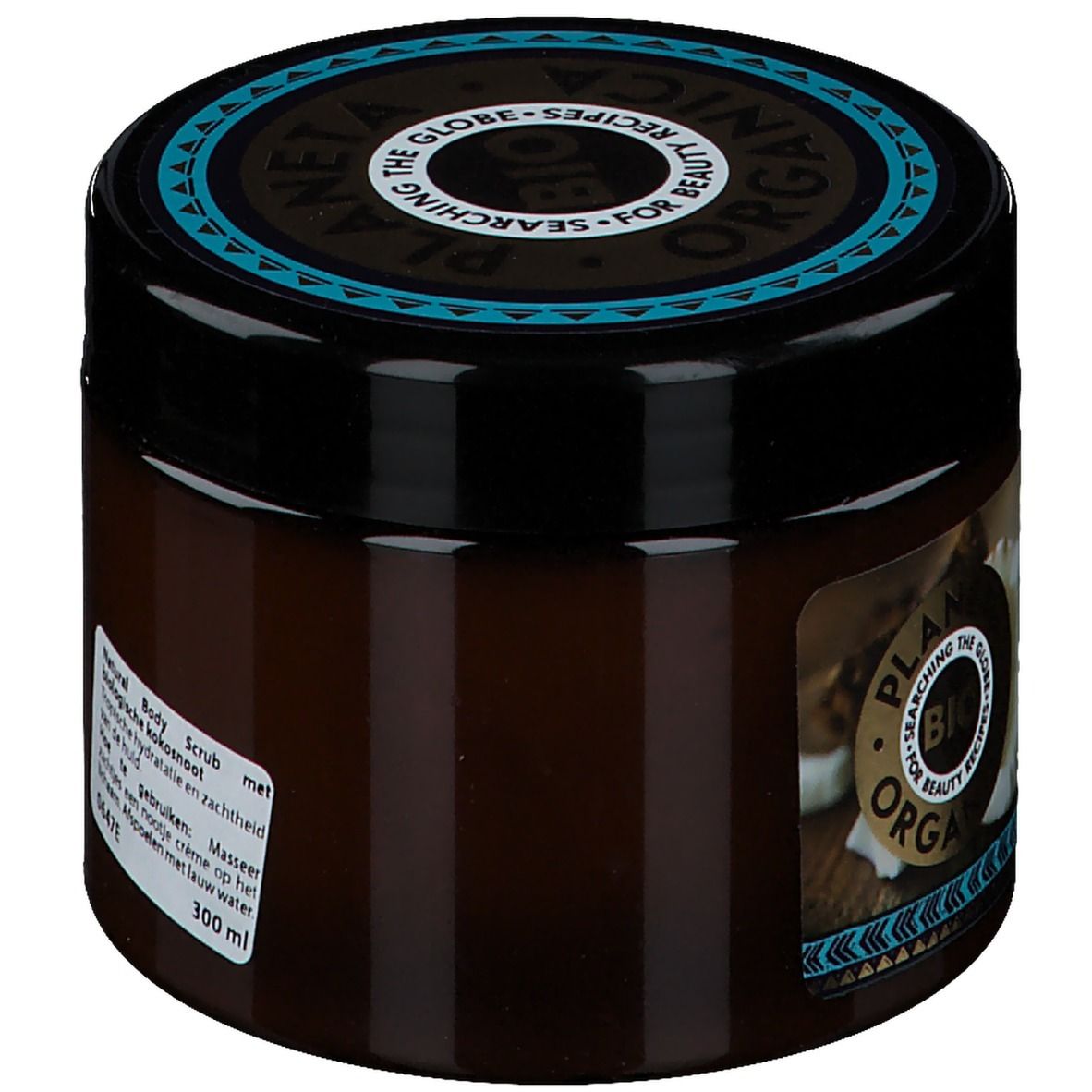 Braune Dose mit schwarzem Deckel. Aufschrift: Natural Body Scrub, 300 ml. Kokosnuss-Abbildung.