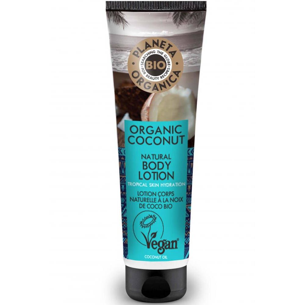 Tube mit Produktaufdruck. Oben: Marke und Bio-Siegel. Mitte: "Organic Coconut" und "Natural Body Lotion". Unten: Vegan-Logo.