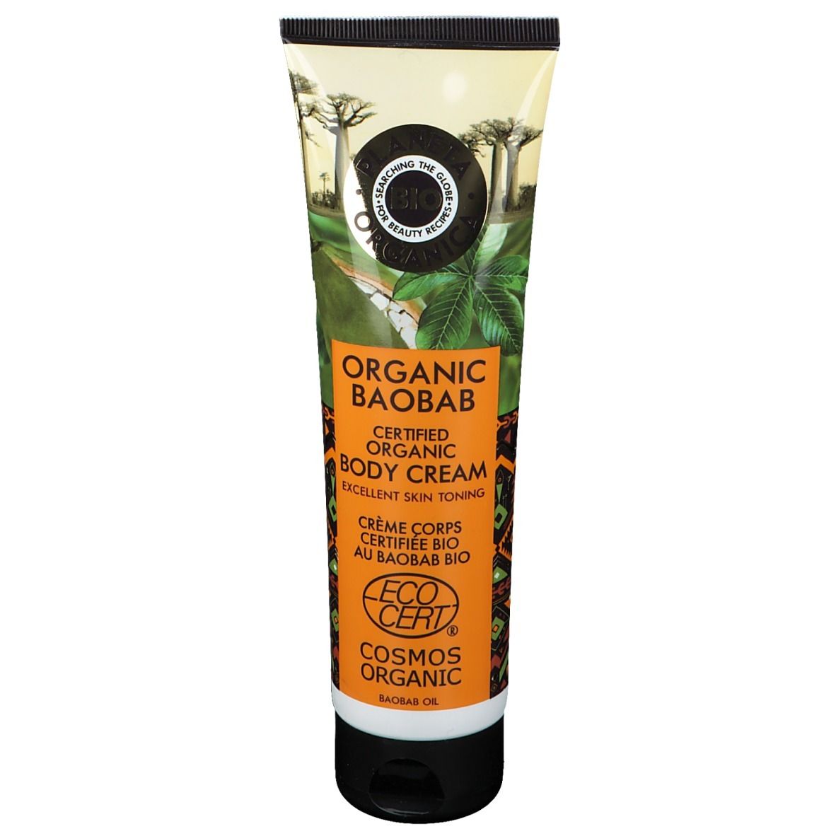 Tube de crème pour le corps "Organic Baobab". Certifications : EcoCert, Cosmos Organic. Illustration de baobabs.