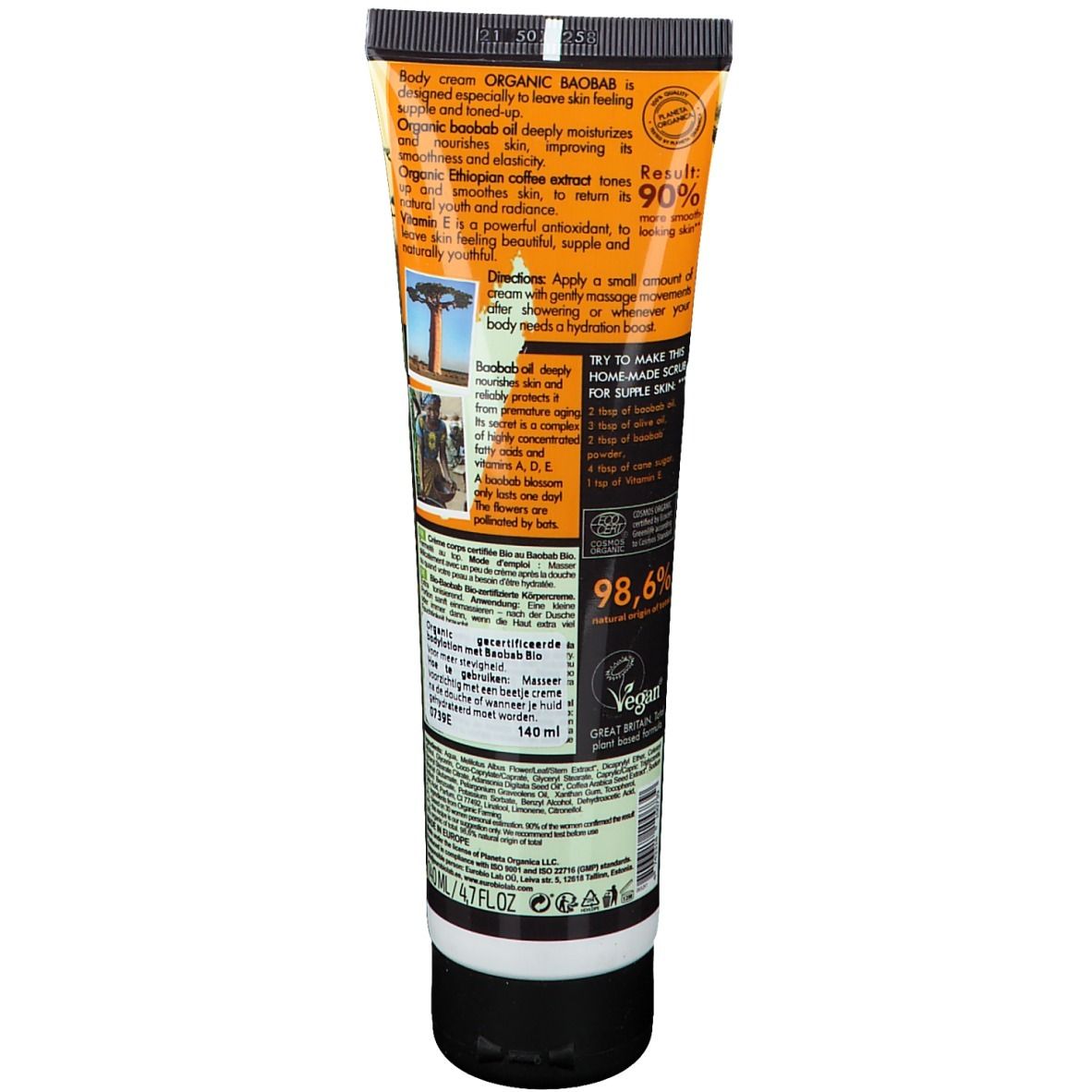 Dos du tube de crème pour le corps. Texte : "Organic Baobab", ingrédients, mode d'emploi, certifications, logo vegan.