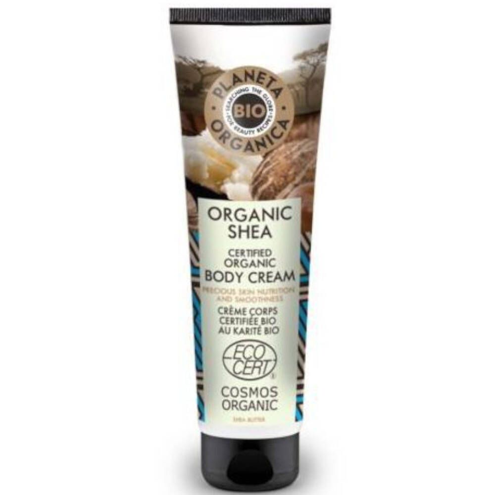 Creme-Tube mit Aufschrift ORGANIC SHEA. Logo: PLANETA ORGANICA BIO. Zertifiziertes Bio-Produkt. ECO CERT-Siegel.