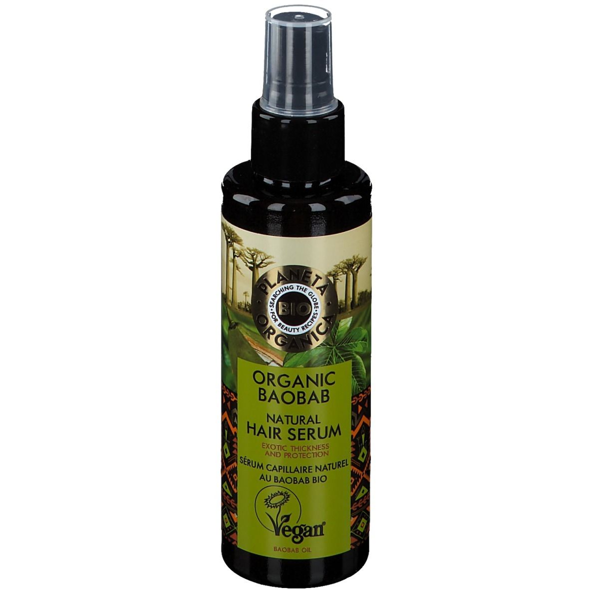 Haarserum-Flasche mit Sprühkopf. Etikett mit Text und Logo. Vegan-Siegel.