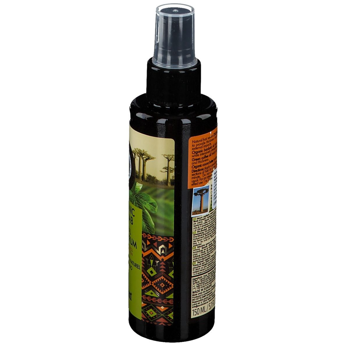 Haarserum-Flasche, Seitenansicht. Etikett mit Text und Logo. Vegan-Siegel. 150 ml.