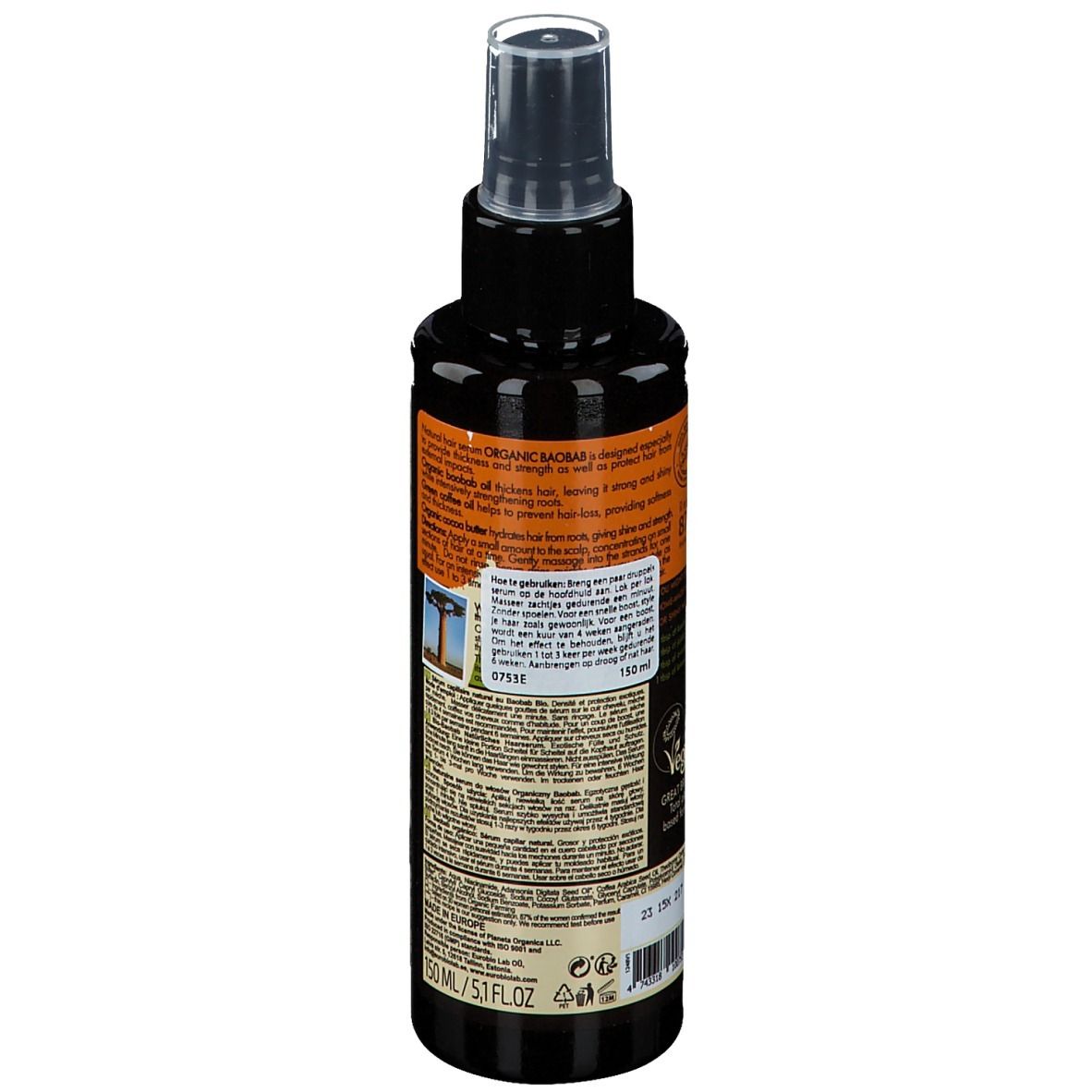 Haarserum-Flasche, Seitenansicht. Etikett mit Text und Logo. Vegan-Siegel. 150 ml.