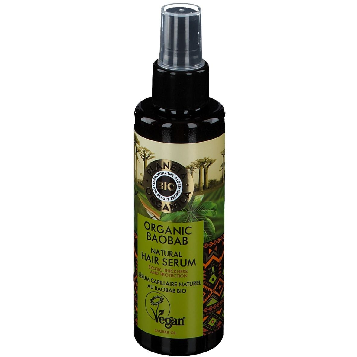 Haarserum-Flasche mit Sprühkopf. Etikett mit Text und Logo. Vegan-Siegel.