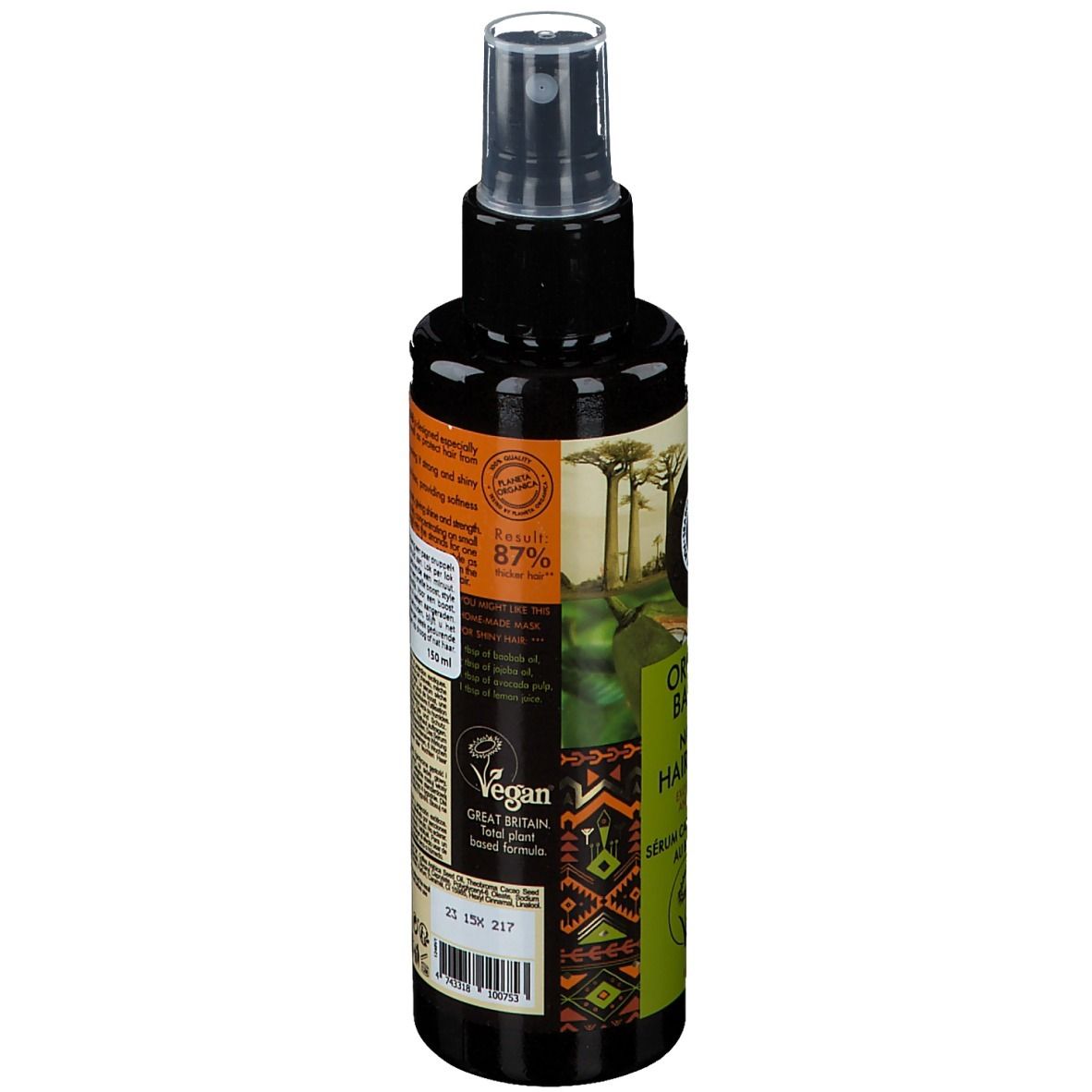 Haarserum-Flasche, Seitenansicht. Etikett mit Text und Logo. Vegan-Siegel. 150 ml.