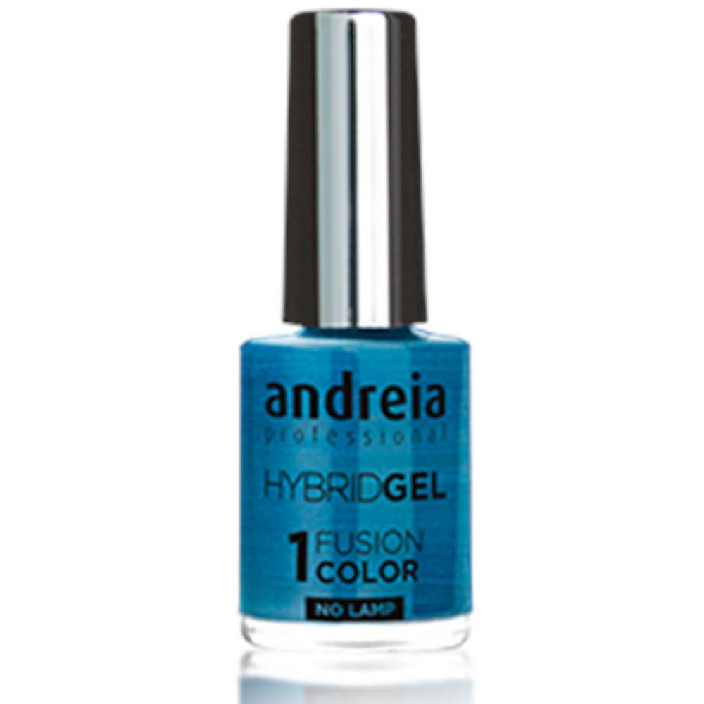 Vernis à ongles Andreia HybridGel bleu. Flacon avec bouchon argenté. Inscriptions : HybridGel, 1 Fusion Color, No Lamp.