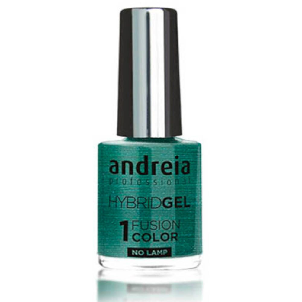Groene nagellakfles met zilveren dop. Opschrift: Andreia Professional, Hybridgel, 1 Fusion Color, No Lamp.