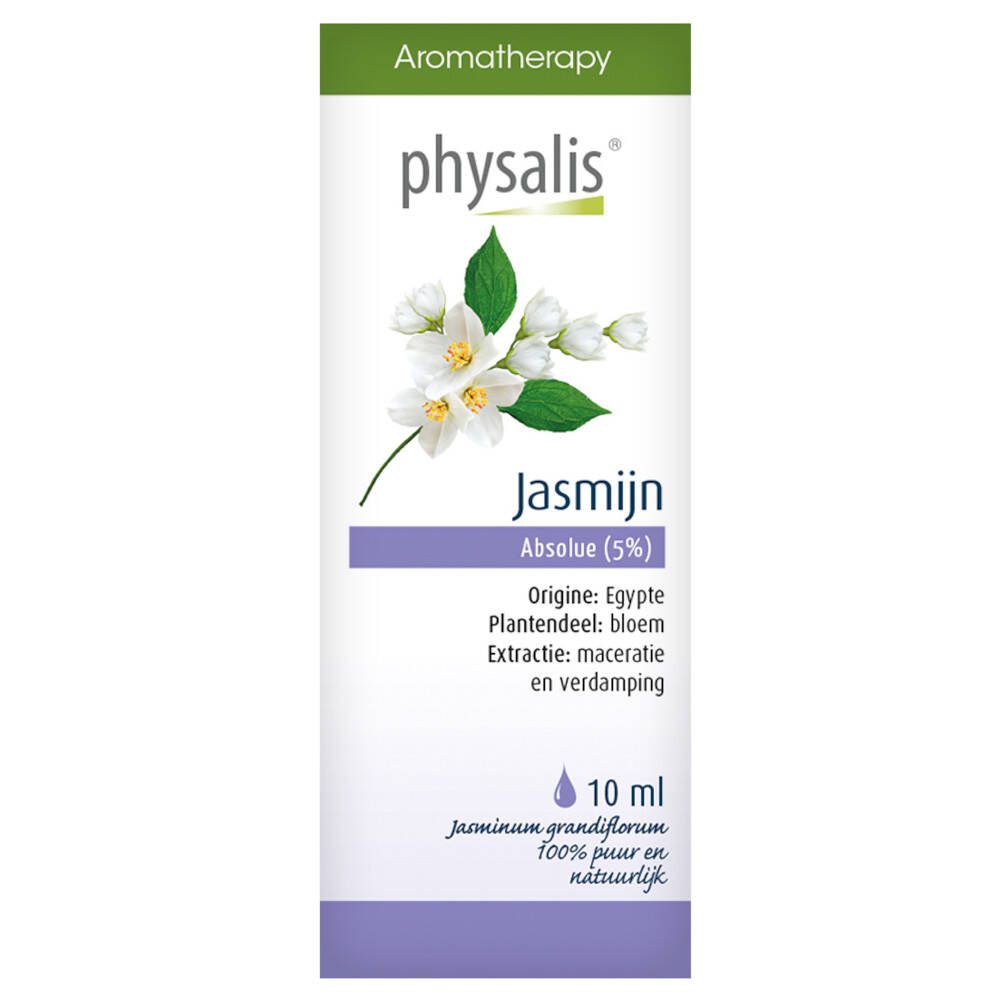 Petite bouteille en verre avec bouchon noir. Contient physalis® Jasminum grandiflorum. Produit d'aromathérapie. 10 ml.